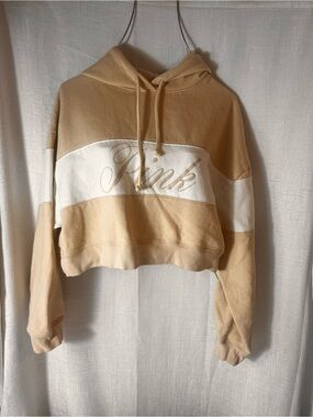 PINK Victoria's Secret Cropped Hoodie in Beige and White Panel SZ MEDIUM